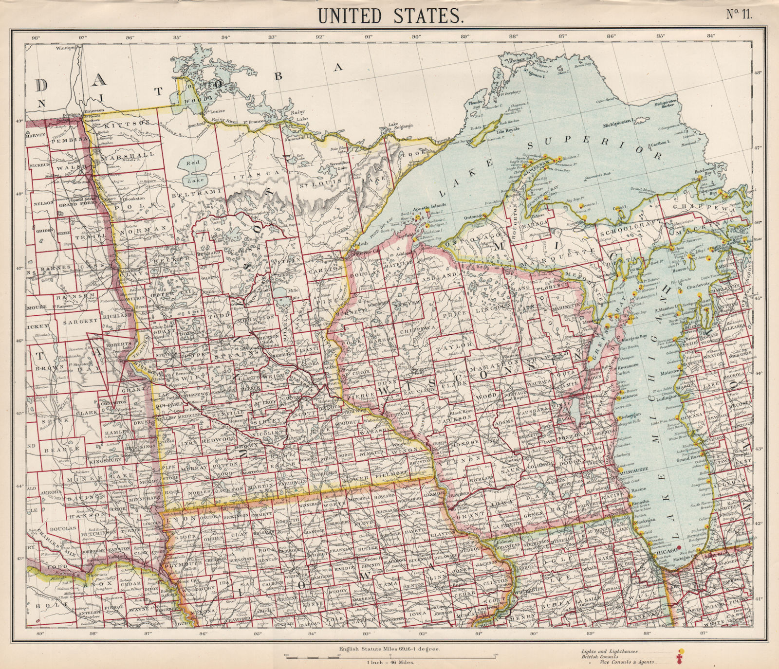 Associate Product US MIDWEST Lake Michigan Superior Wisconsin Minnesota. Railroads. LETTS 1889 map