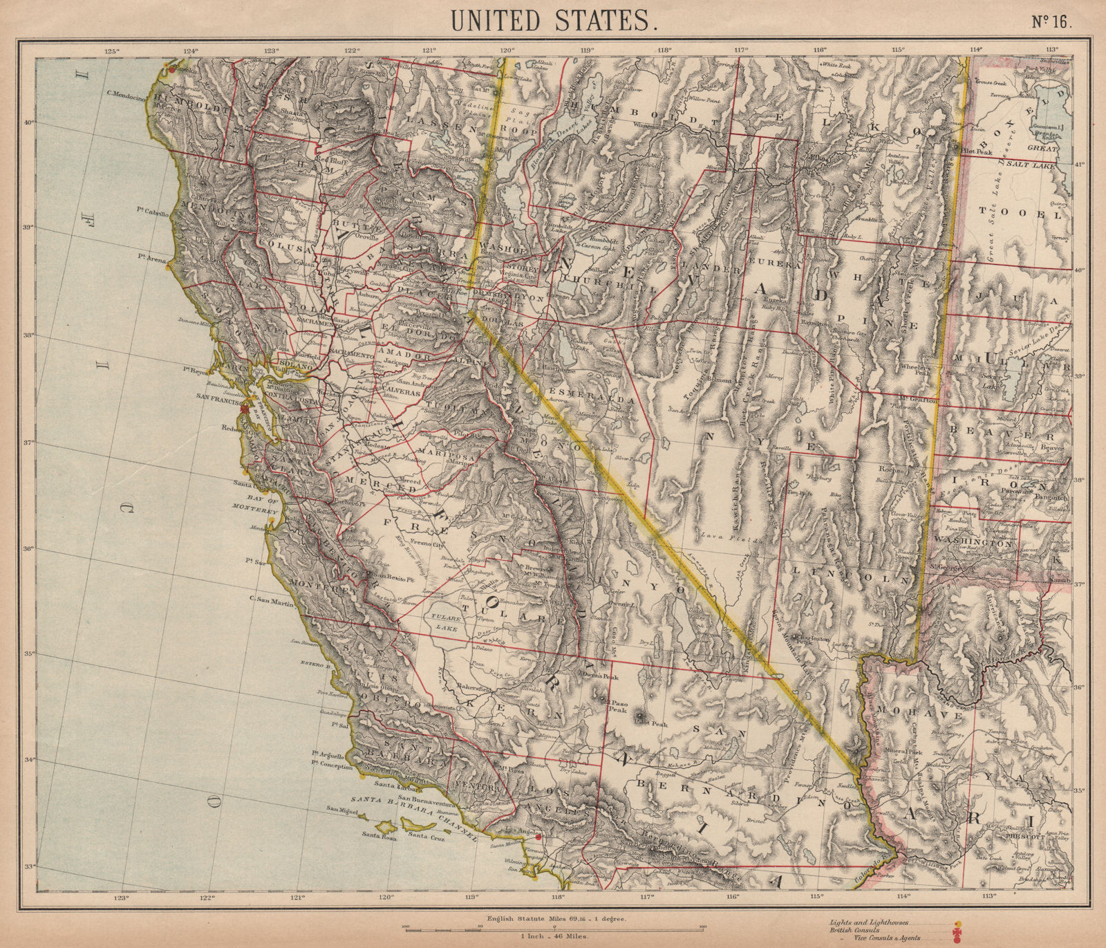 CALIFORNIA & NEVADA. Los Angeles San Francisco. Lighthouses. LETTS 1889 map