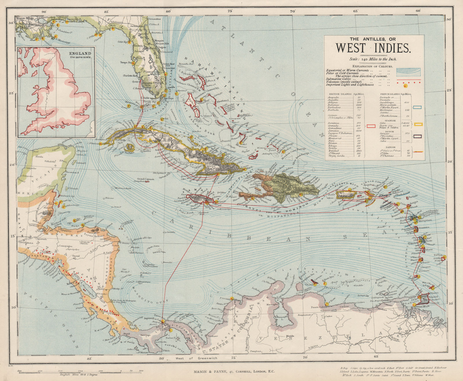 Associate Product WEST INDIES volcanoes lighthouses telegraph cables. Dutch French. LETTS 1889 map