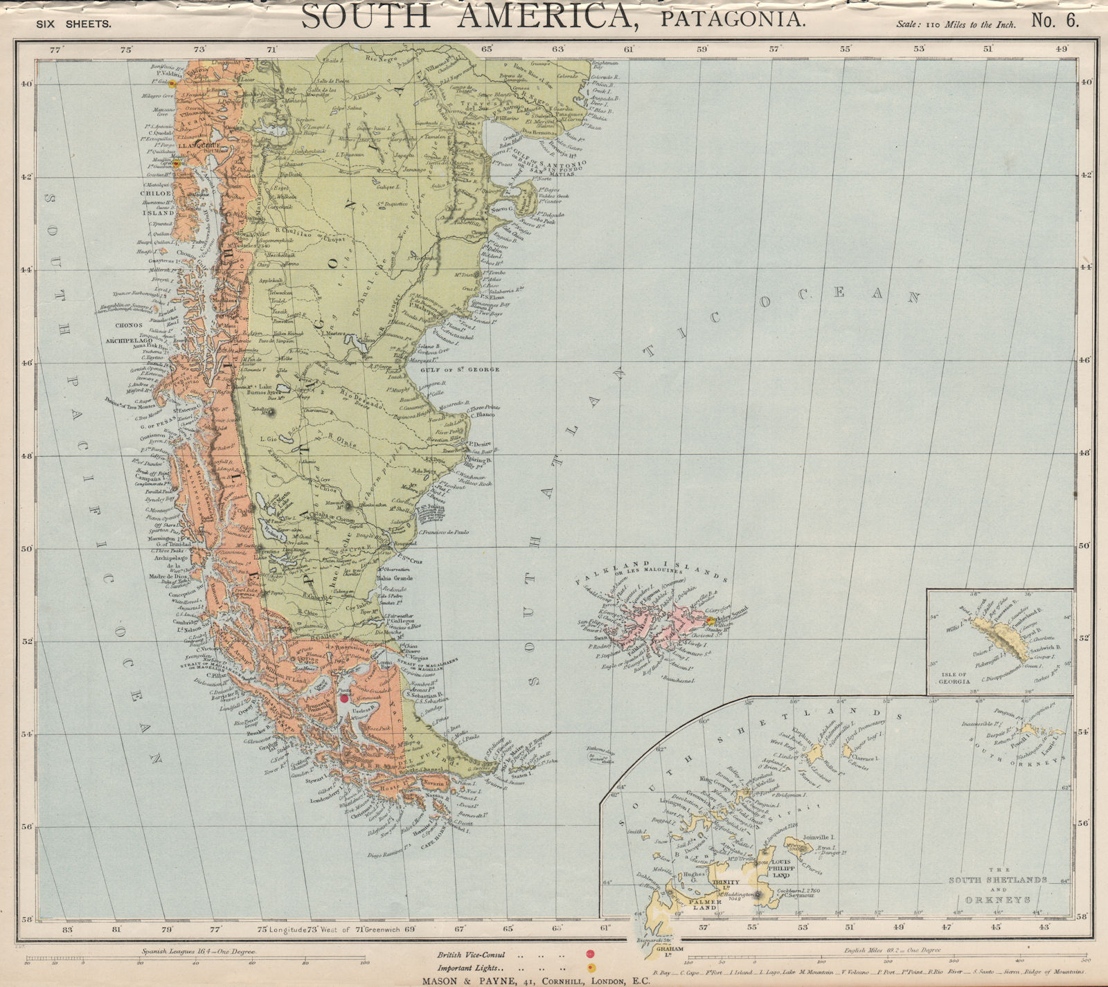 PATAGONIA. Argentina Chile Tierra del Fuego Falklands S Georgia.LETTS 1889 map