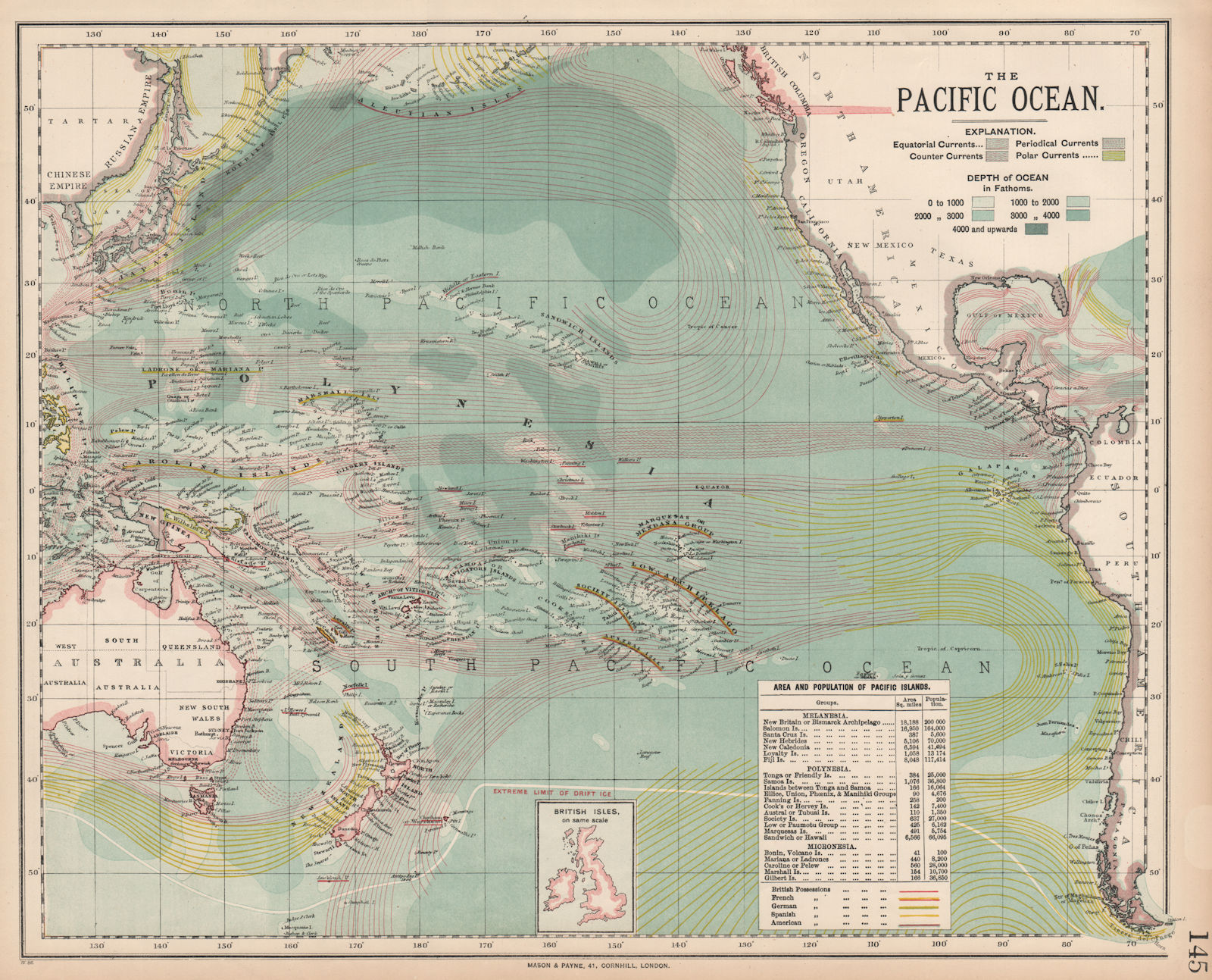 PACIFIC OCEAN currents British French German US Spanish colonies. LETTS 1889 map