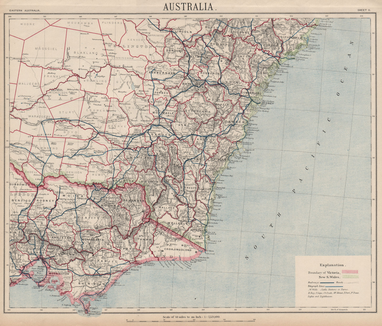 Associate Product VICTORIA NEW SOUTH WALES Sydney. Railways telegraphs. Australia. LETTS 1889 map
