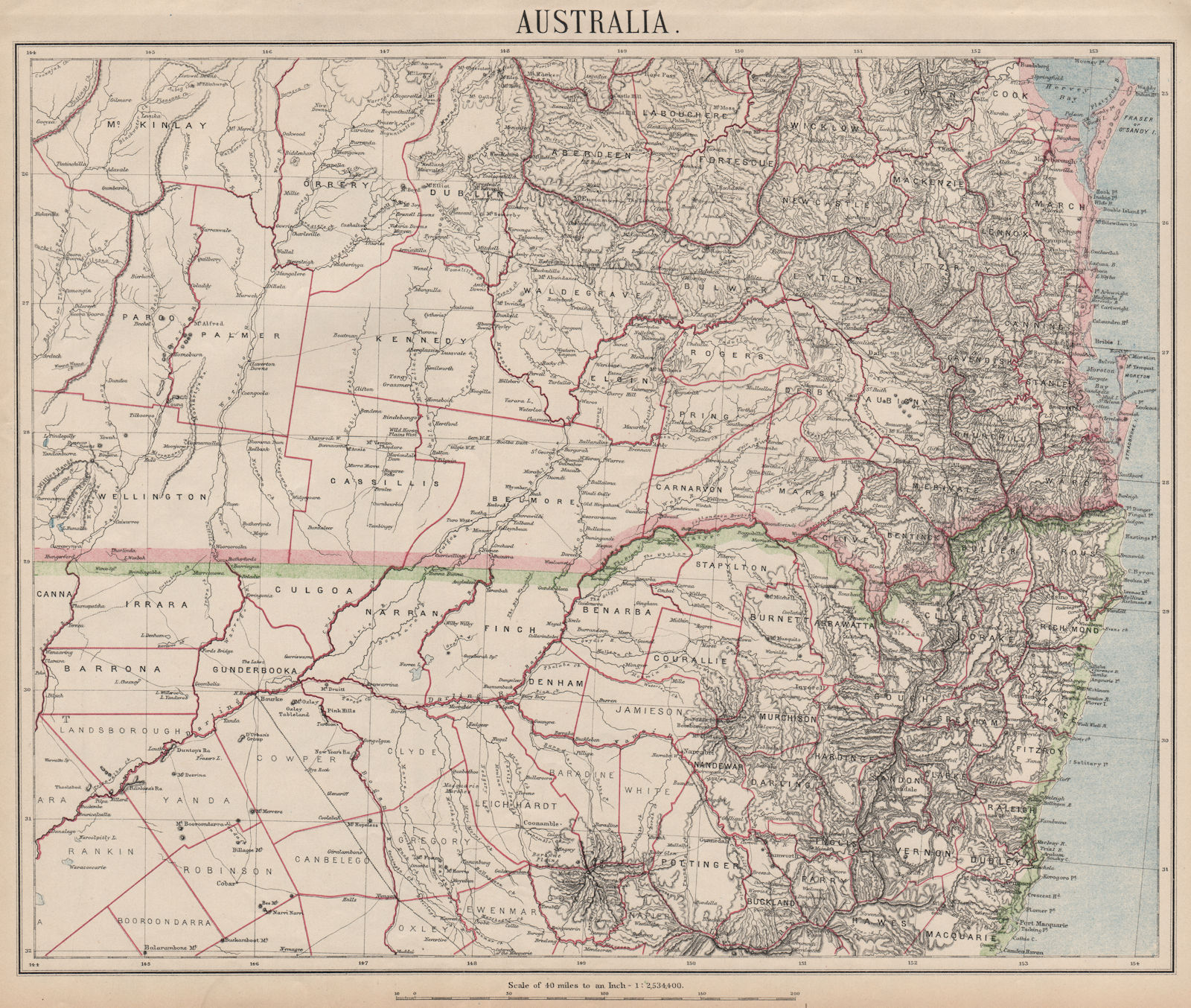 NEW SOUTH WALES & QUEENSLAND. Brisbane Sunshine/Gold Coast. LETTS 1889 map
