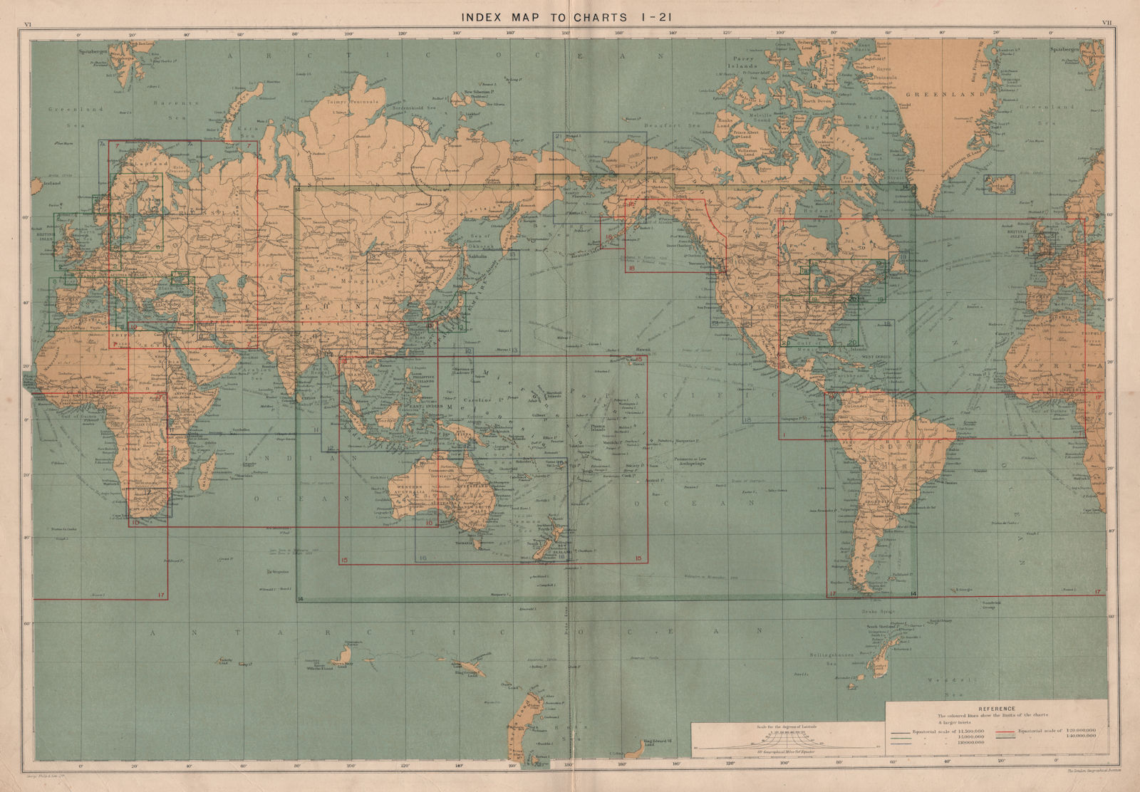 Associate Product WORLD. Index Map To Charts 1-21. World. Large 50x70cm 1918 old antique