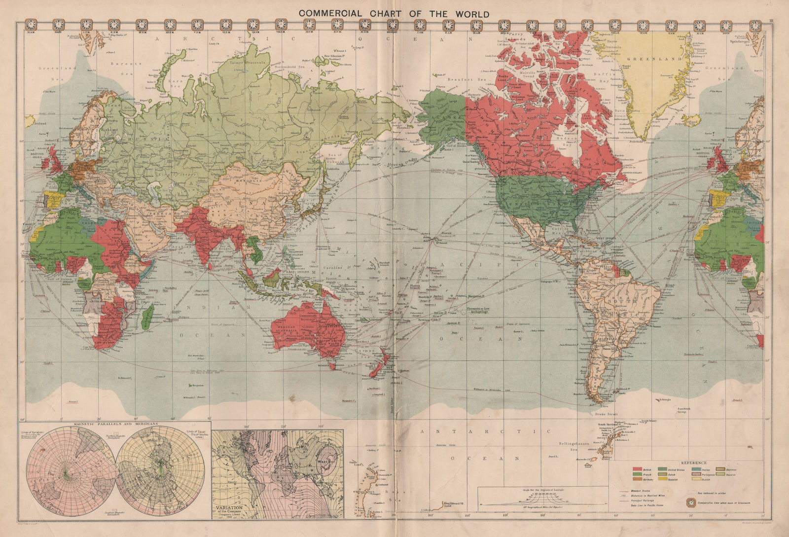 World Commercial Chart steamship routes Isoclinic Isogonic lines LARGE 1918 map