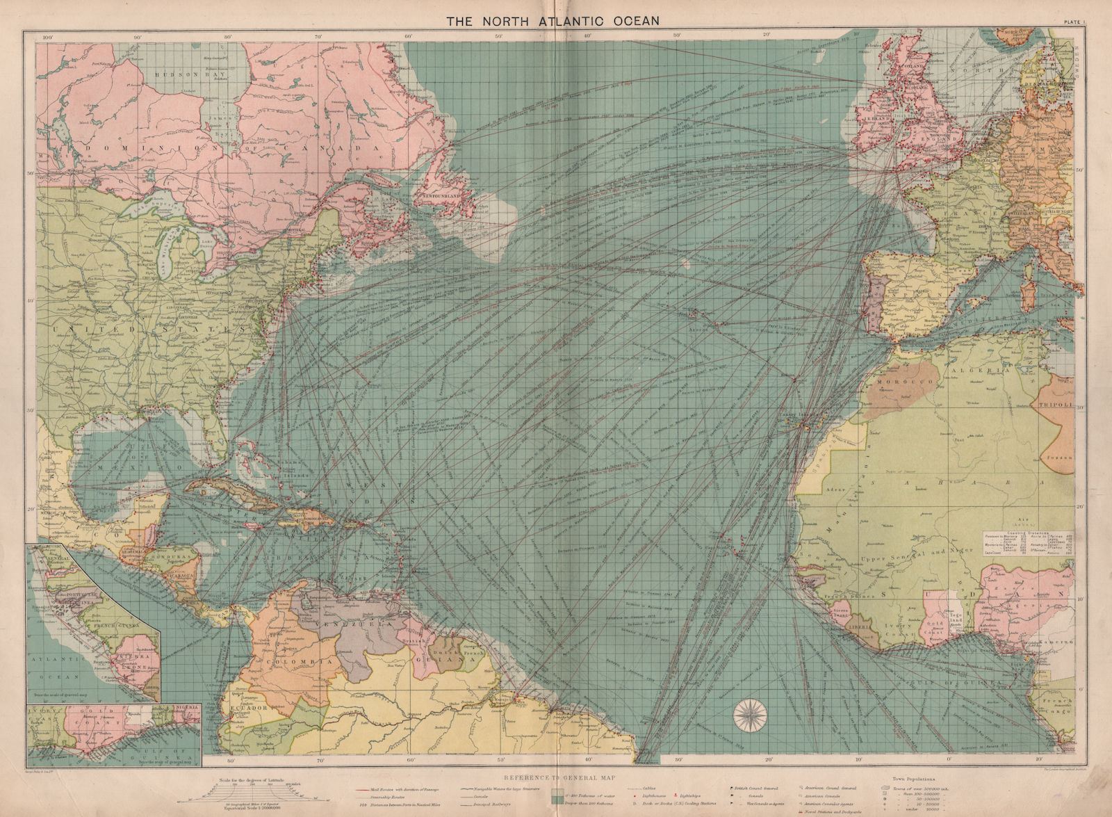 North Atlantic Ocean sea chart. Ports lighthouses mail routes. LARGE 1918 map