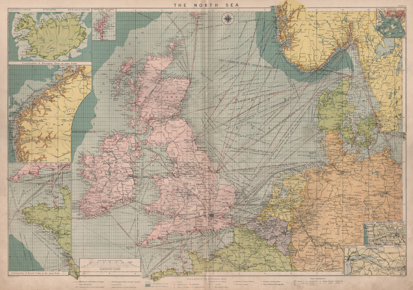 North Sea sea chart. Ports lighthouses mail routes. UK Norway &c LARGE 1918 map