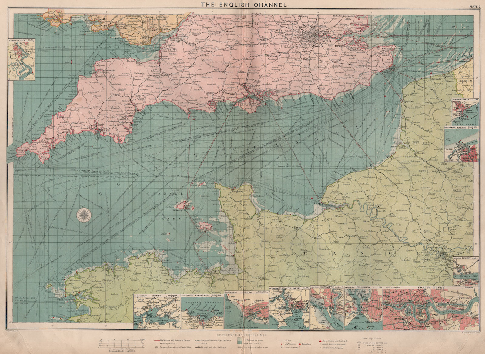 English Channel sea chart. Ports lighthouses mail routes. LARGE 1918 old map