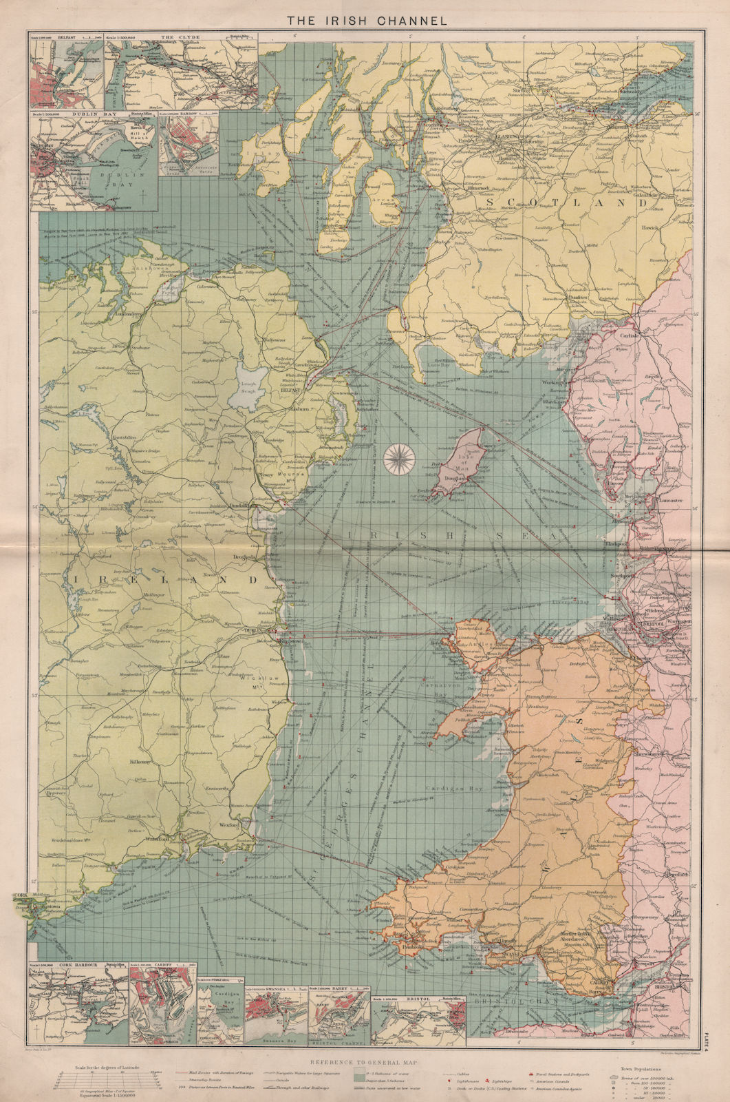Irish Sea sea chart. Ports lighthouses mail routes dockyards. LARGE 1918 map