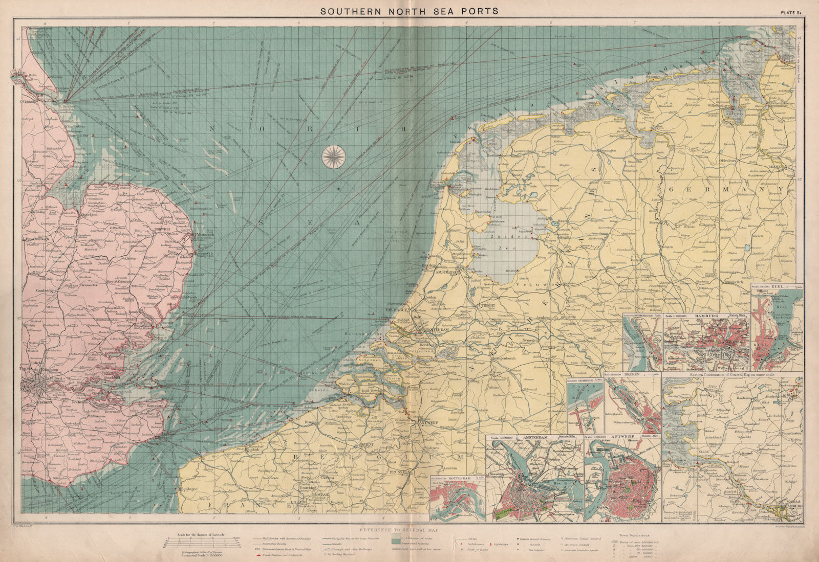 Southern North Sea ports chart. lighthouses mail routes. UK NL. LARGE 1918 map