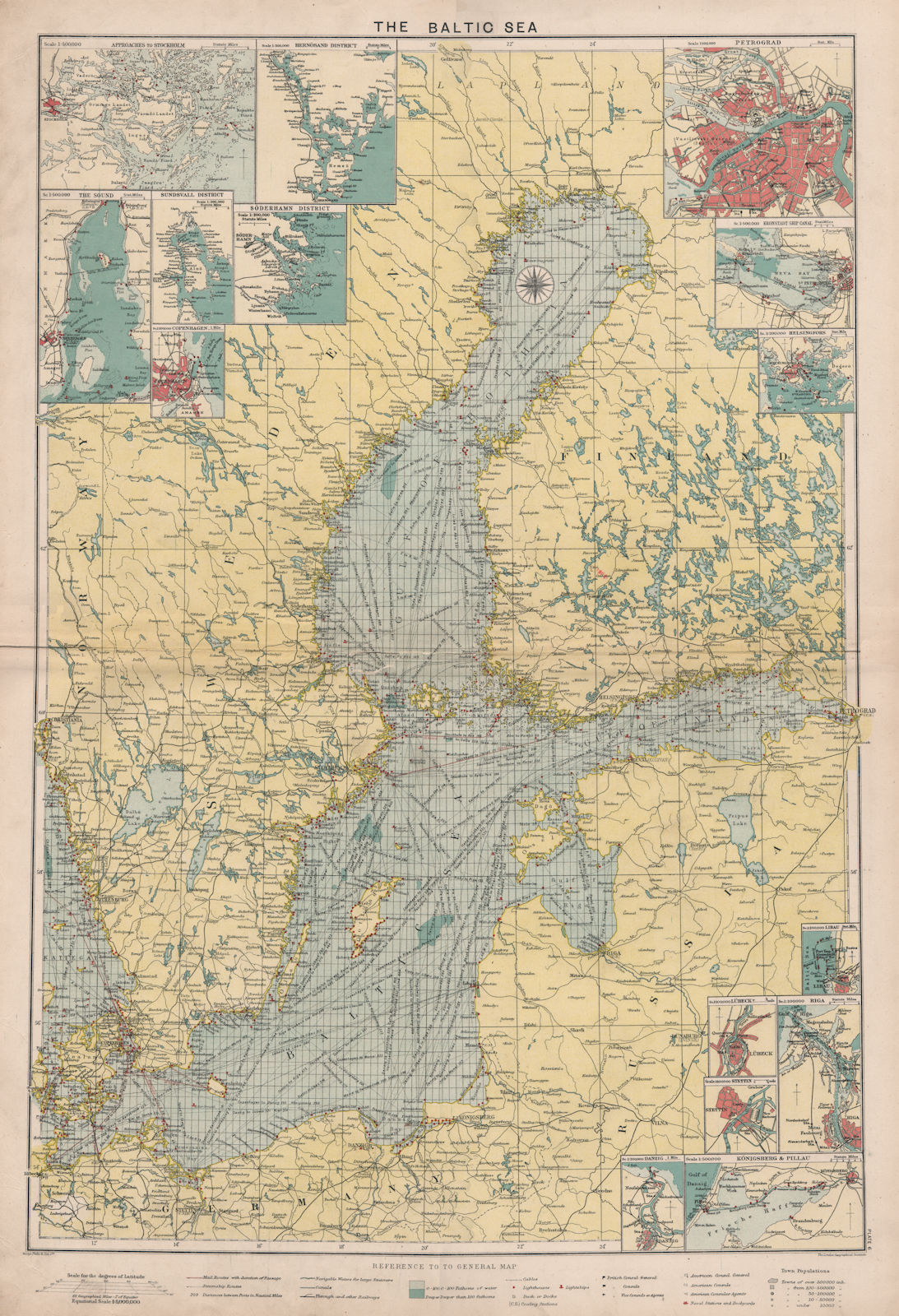 Baltic Sea sea chart. Ports lighthouses mail routes dockyards. LARGE 1918 map