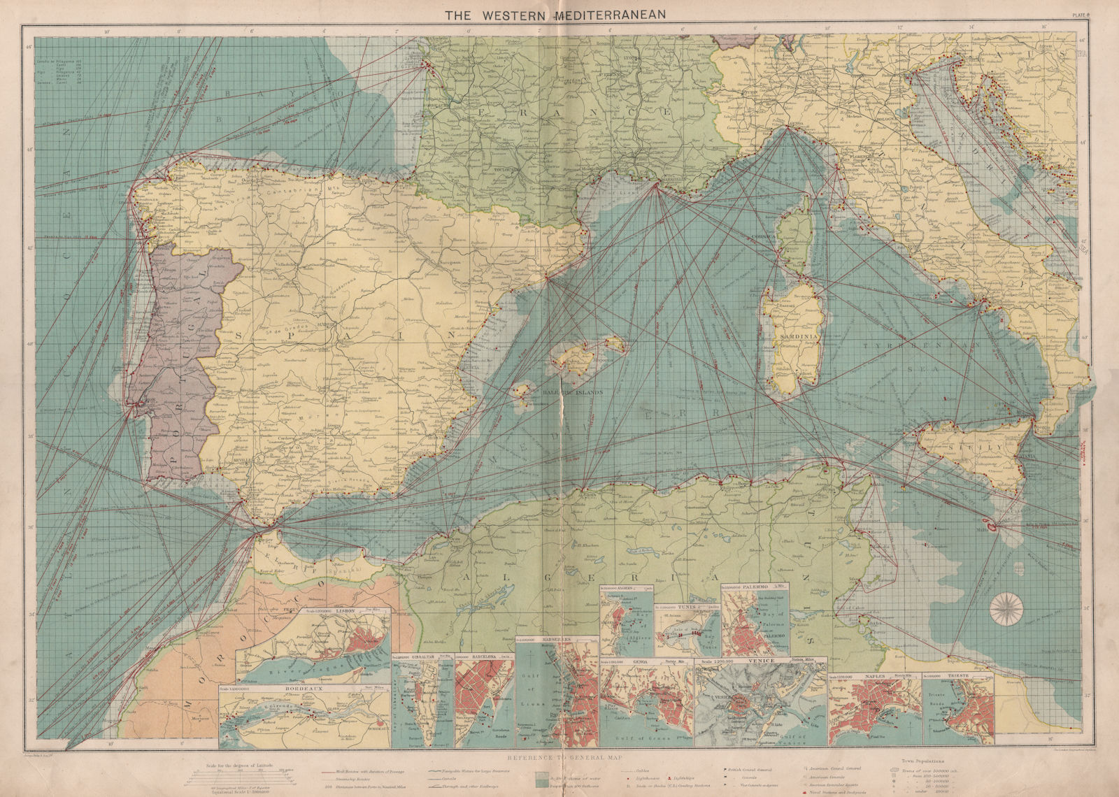 Western Mediterranean sea chart. Ports lighthouses mail routes. LARGE 1918 map