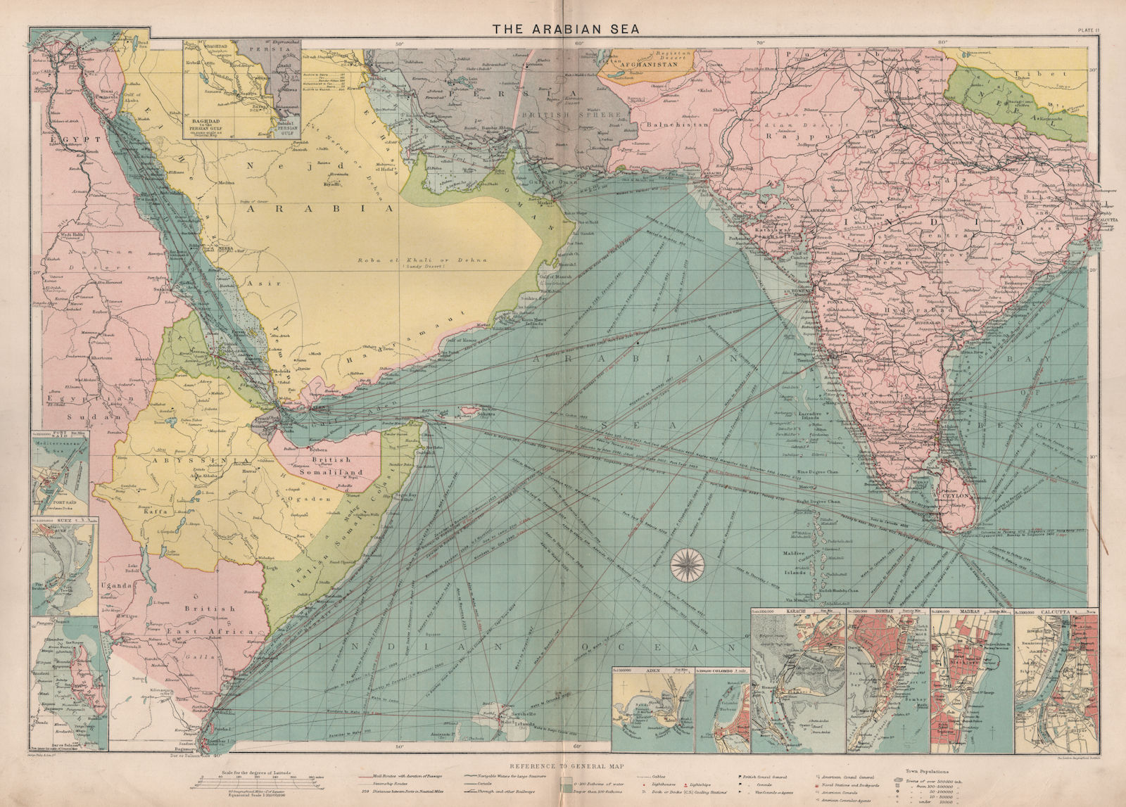 Red/Arabian Sea Persian Gulf sea chart. Ports lighthouses mail. LARGE 1918 map