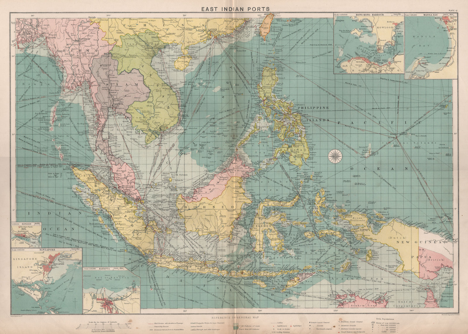 Associate Product East Indies Ports sea chart. lighthouses mail routes. Indochina. LARGE 1918 map