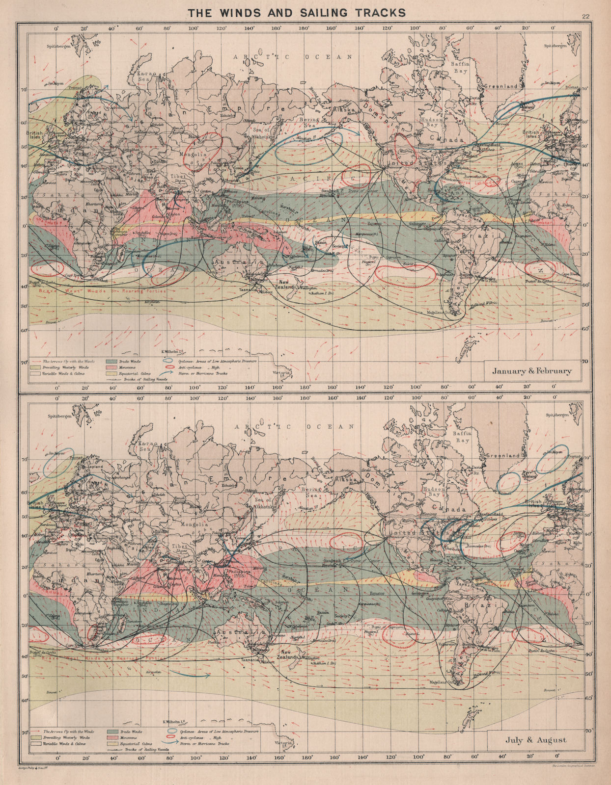 World ocean trade winds & sailing ship routes. Jan/Feb & July/Aug 1918 old map