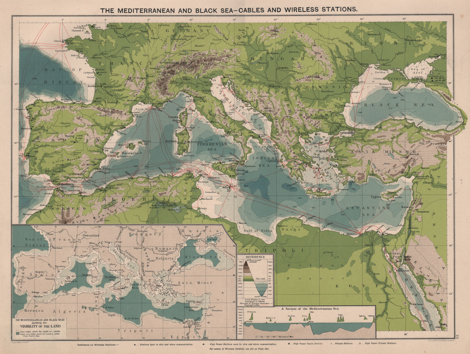 Mediterranean & Black Sea. Cables & Wireless Stations. Land visibility 1918 map