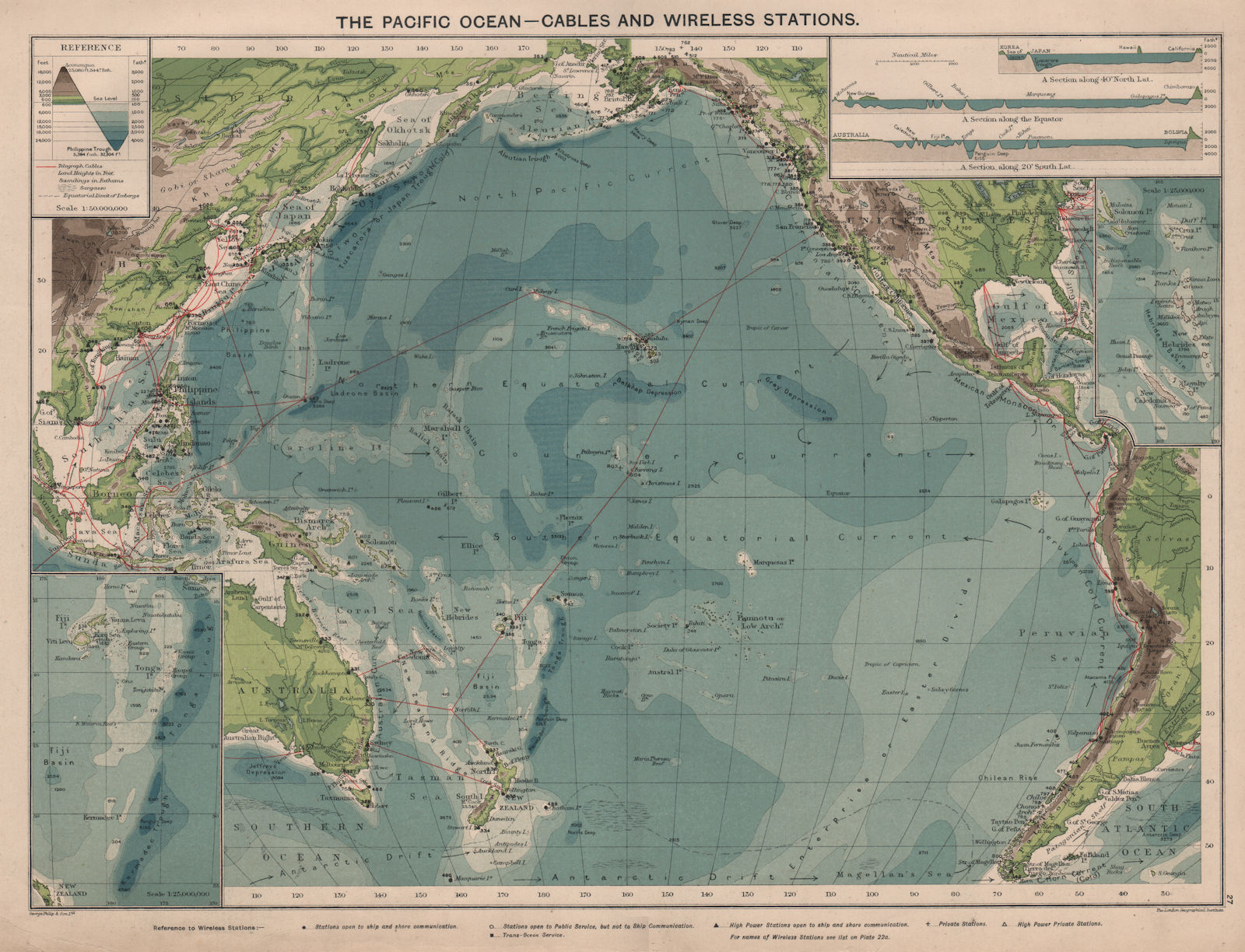 Associate Product Pacific Ocean. Cables & Wireless Stations. Sections 1918 old antique map chart