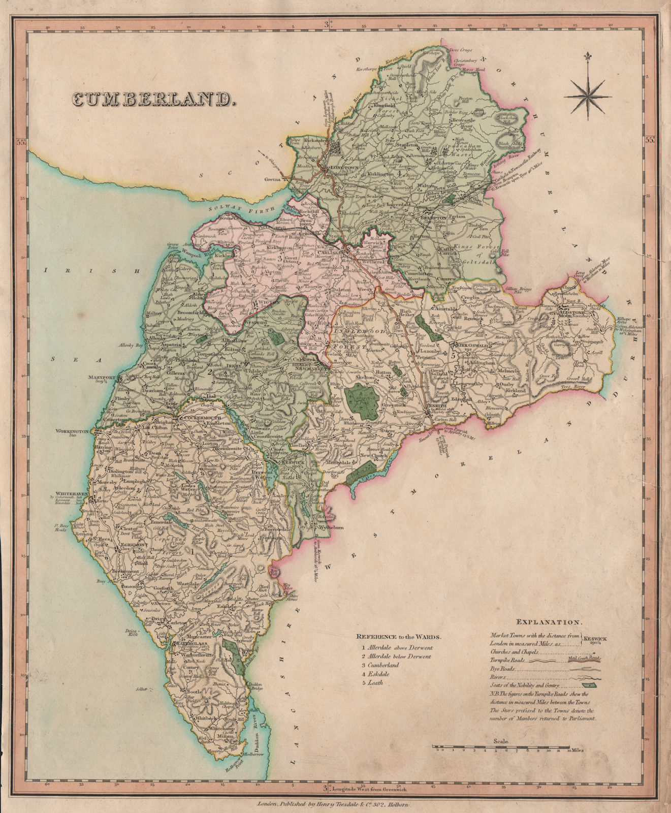 Antique county map of Cumbria by Henry Teesdale. 'Cumberland' 1831 old