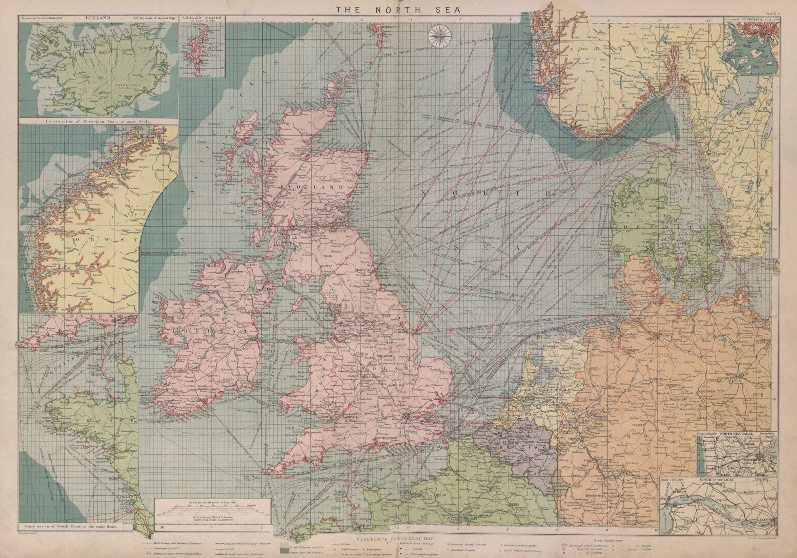 North Sea sea chart. Ports lighthouses mail routes. UK Norway &c LARGE 1916 map