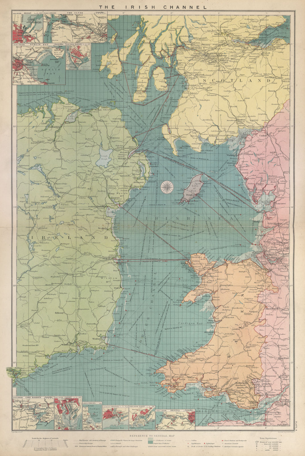 Irish Sea sea chart. Ports lighthouses mail routes dockyards. LARGE 1916 map