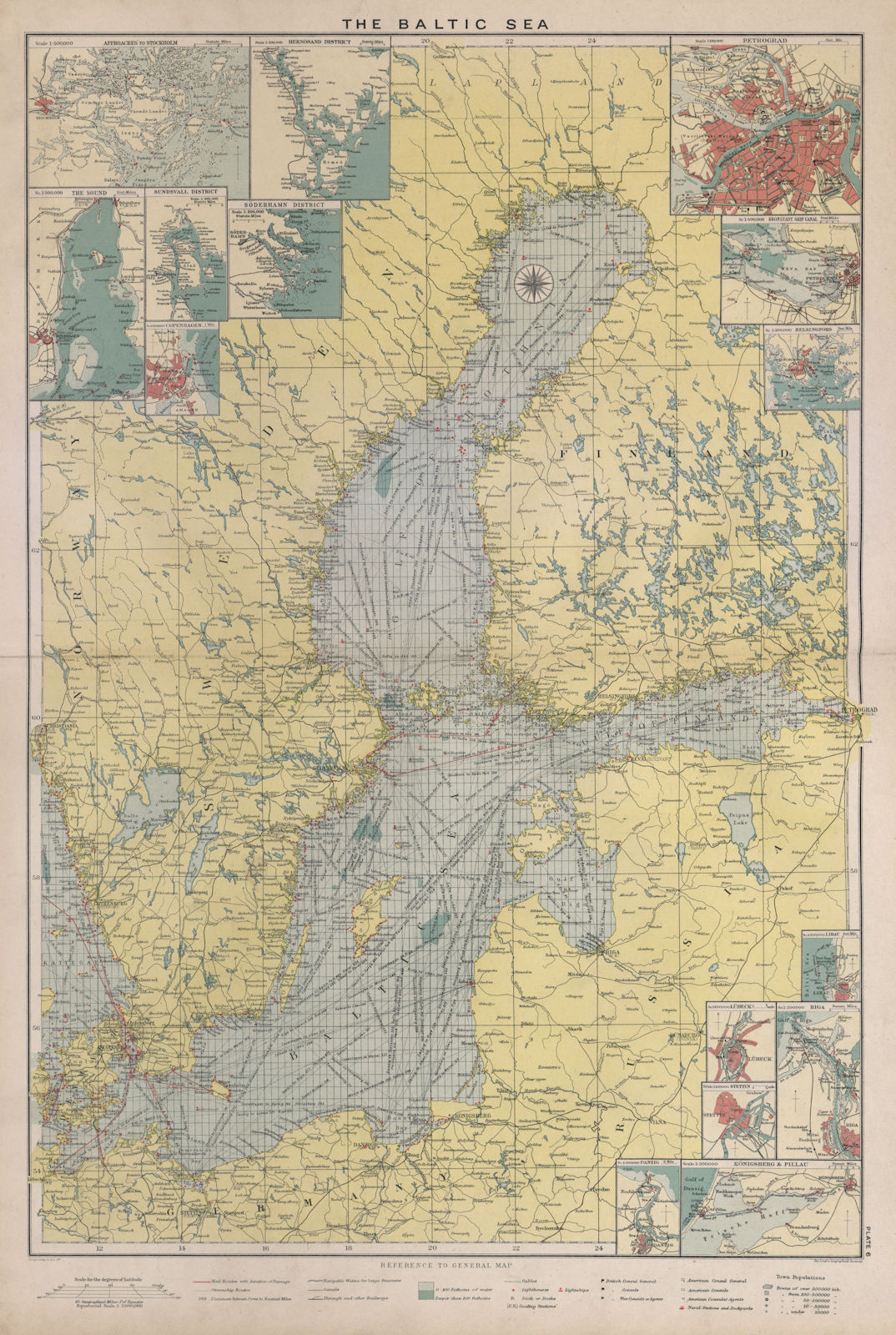 Baltic Sea sea chart. Ports lighthouses mail routes dockyards. LARGE 1916 map