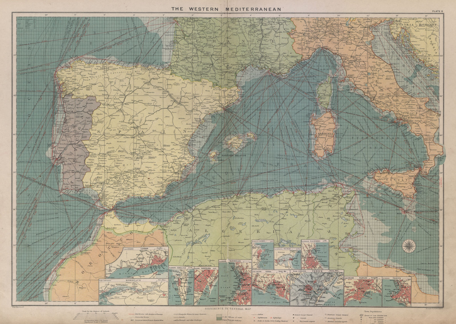 Western Mediterranean sea chart. Ports lighthouses mail routes. LARGE 1916 map