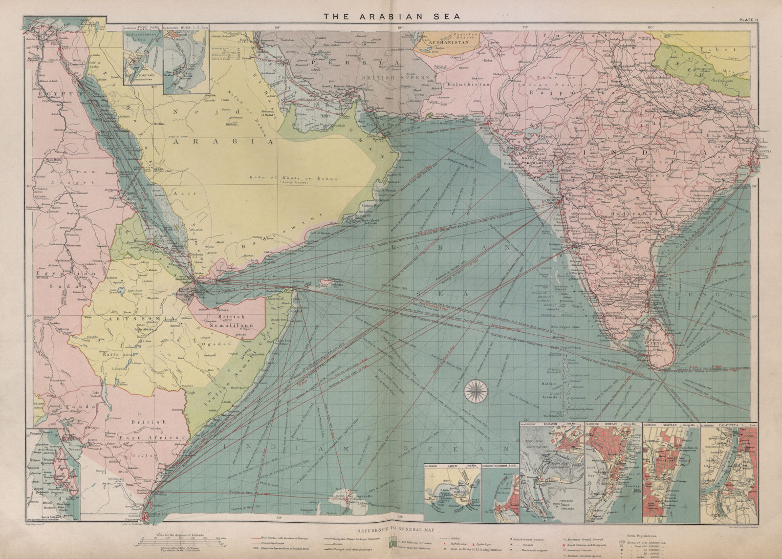 Red/Arabian Sea Persian Gulf sea chart. Ports lighthouses mail. LARGE 1916 map
