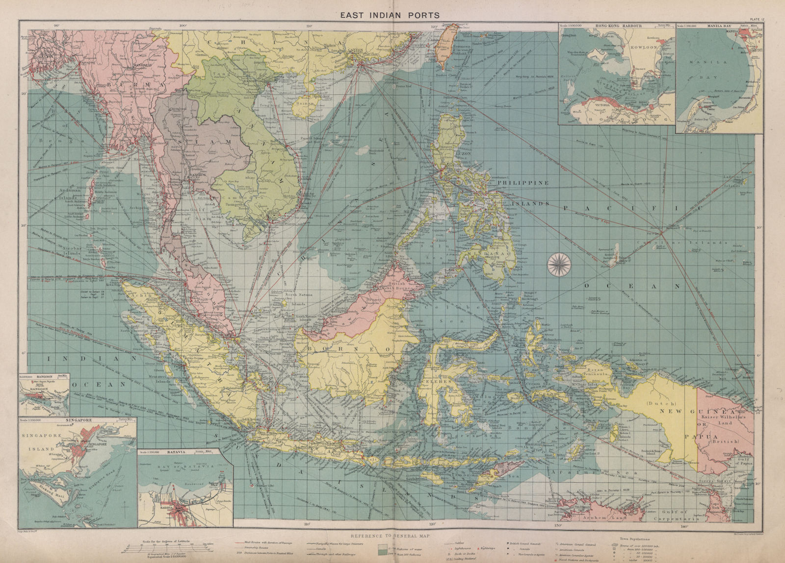 East Indies Ports sea chart. lighthouses mail routes. Indochina. LARGE 1916 map