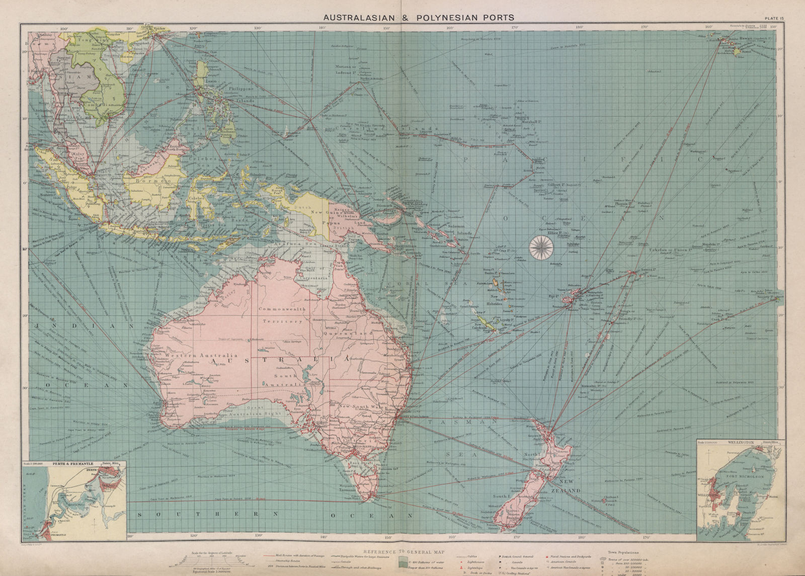 Australasian Polynesian Ports sea chart. lighthouses mail routes LARGE 1916 map