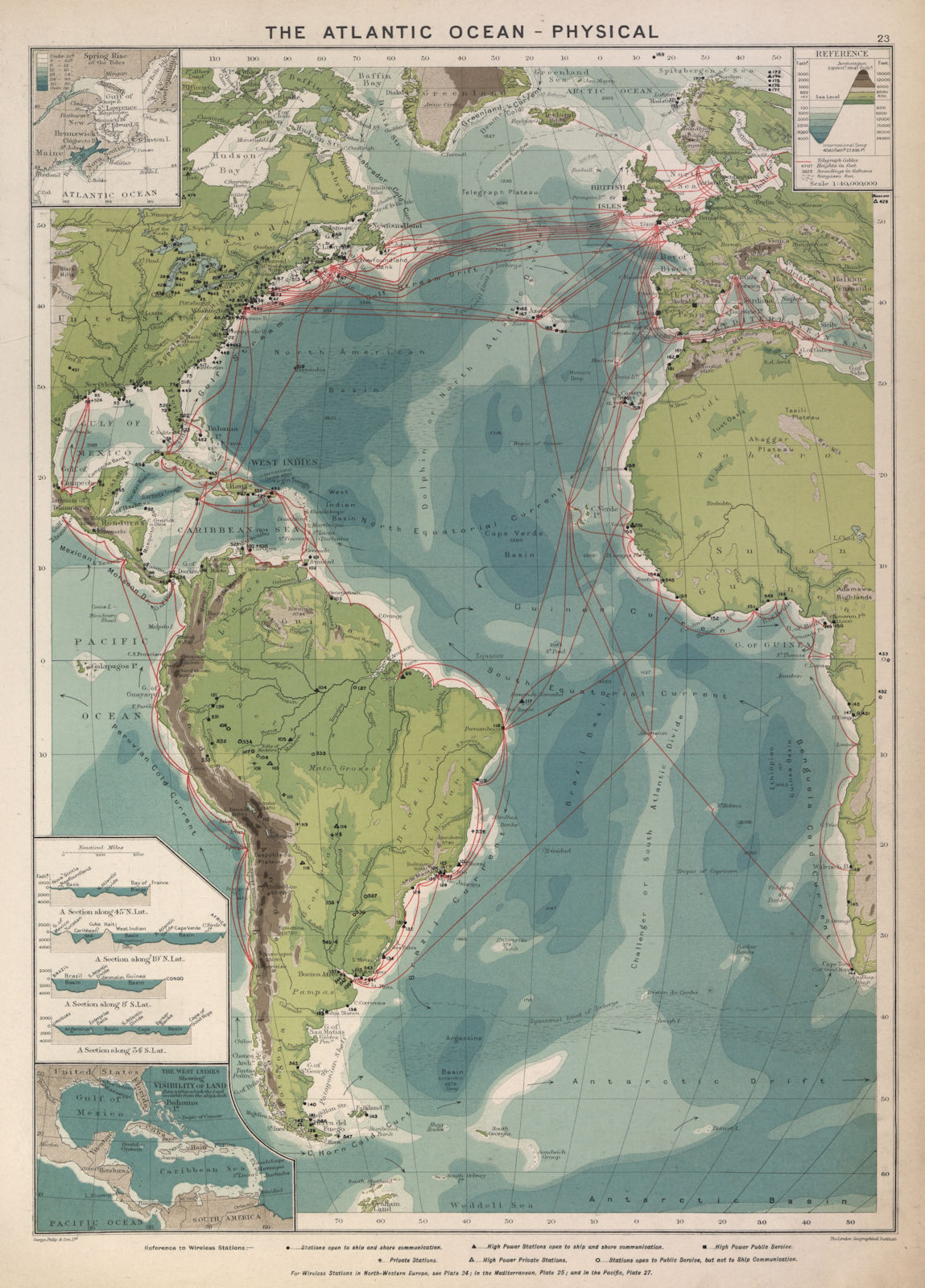 Associate Product Atlantic Ocean. Cables & Wireless Stations. Land visibility. Sections 1916 map