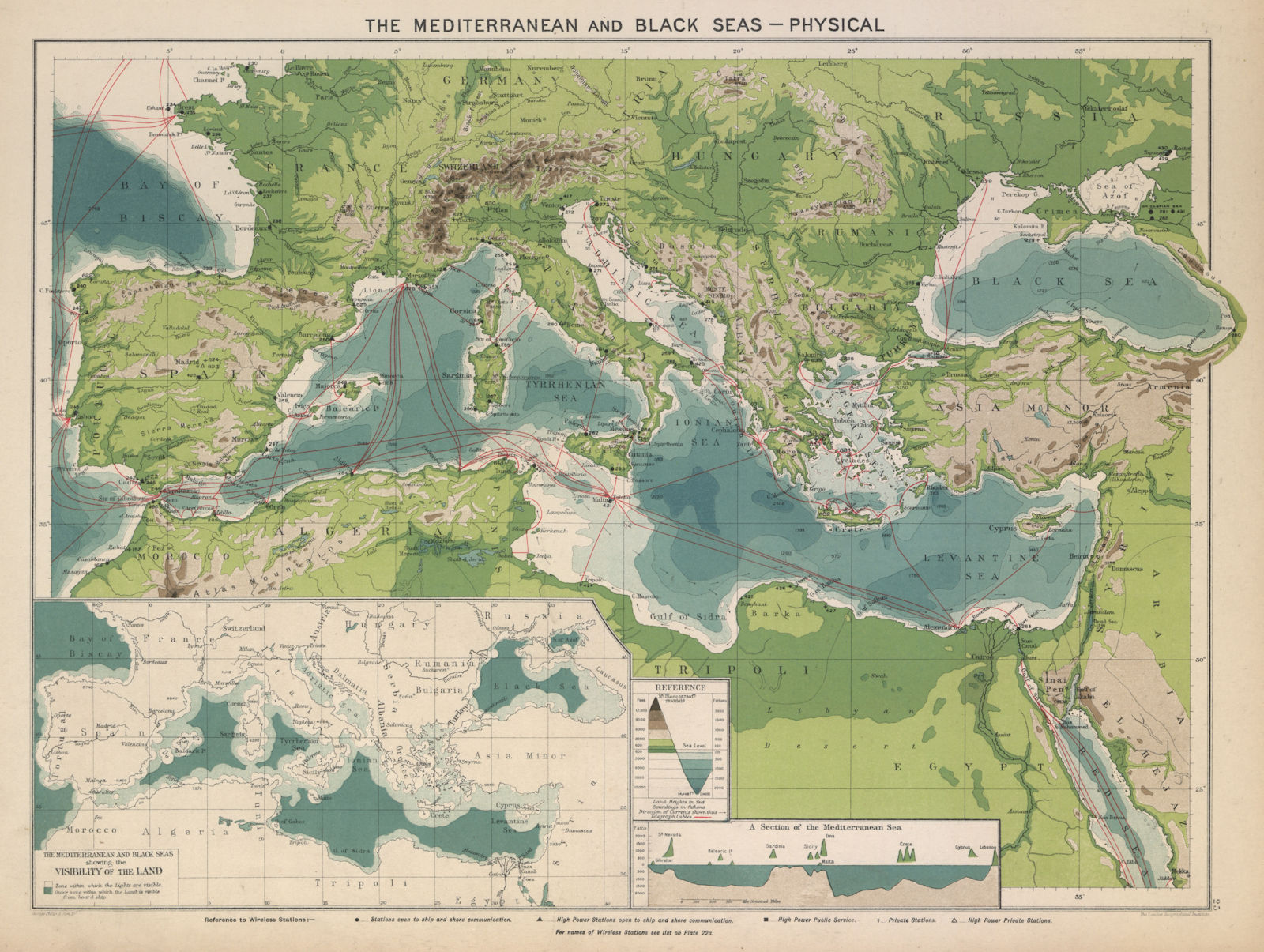 Mediterranean & Black Sea. Cables & Wireless Stations. Land visibility 1916 map