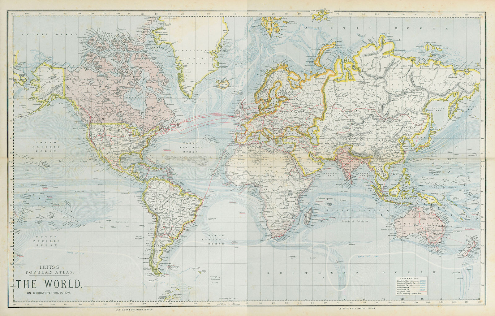 WORLD ON MERCATOR'S PROJECTION. British Empire. Telegraph cables. LETTS 1883 map