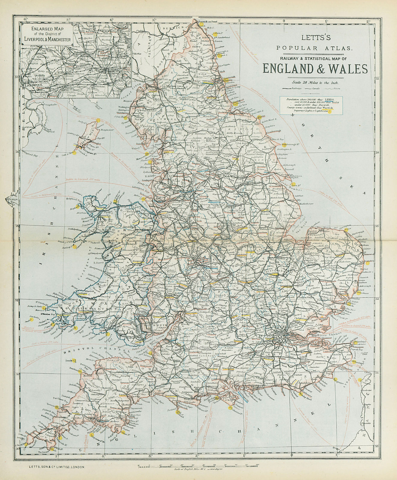 Associate Product ENGLAND AND WALES. Canals Railways Lighthouses. LETTS 1883 old antique map