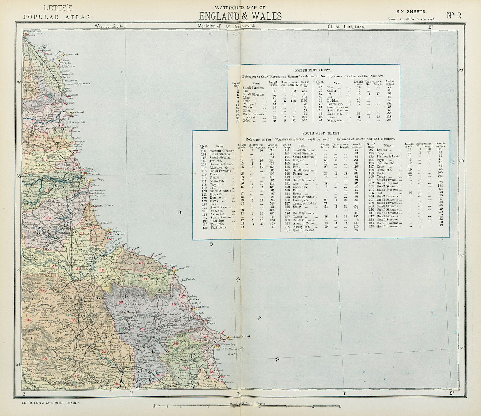 Associate Product NORTH YORKSHIRE, DURHAM & NORTHUMBERLAND COAST WATERSHEDS. LETTS 1883 old map