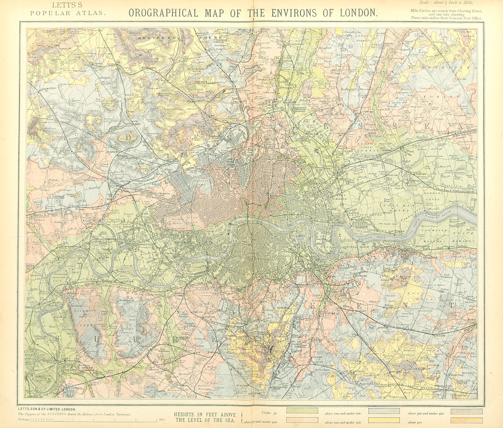 Associate Product Orographical map of the Environs of London. Relief elevation. LETTS 1883