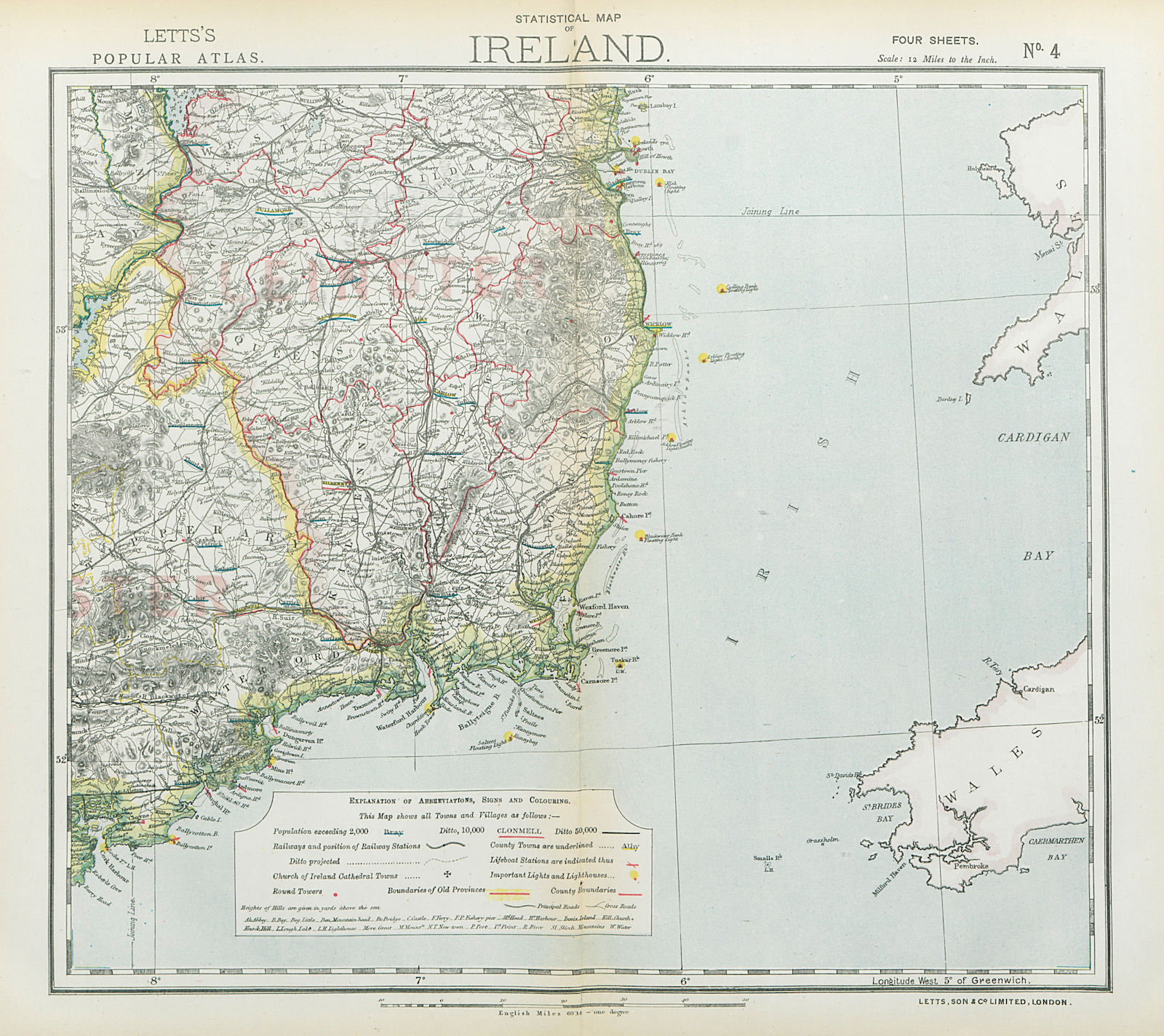 Associate Product SE IRELAND LEINSTER. Lighthouses Lifeboat stations Round towers. LETTS 1883 map