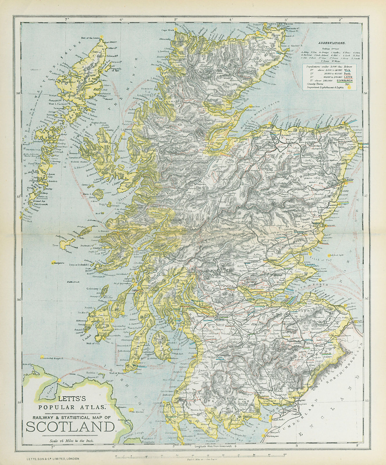 Associate Product SCOTLAND. General map showing counties railways lighthouses. LETTS 1883