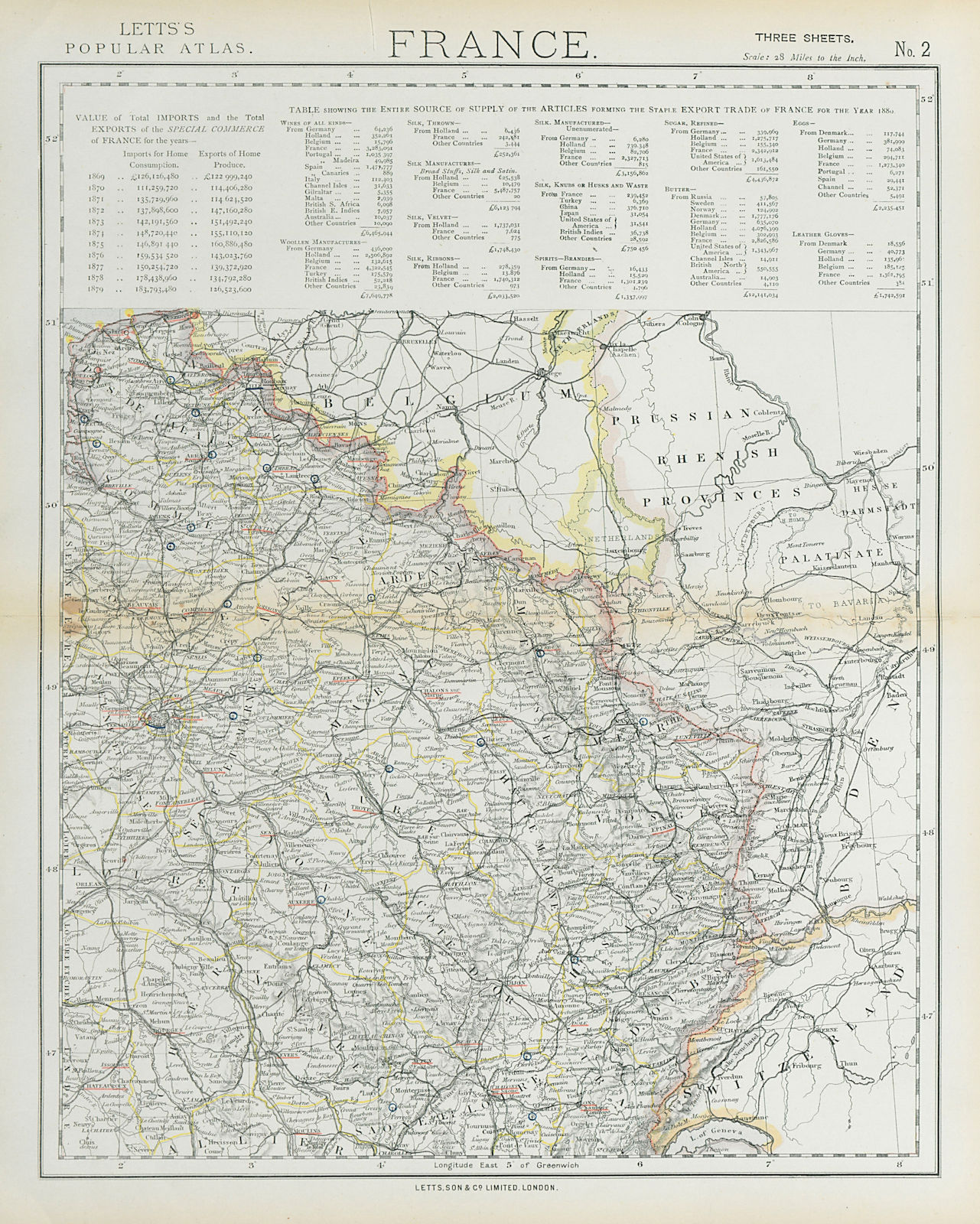 Associate Product NE FRANCE w/o Alsace Lorraine. Champagne Picardy Burgundy Nord.LETTS 1883 map