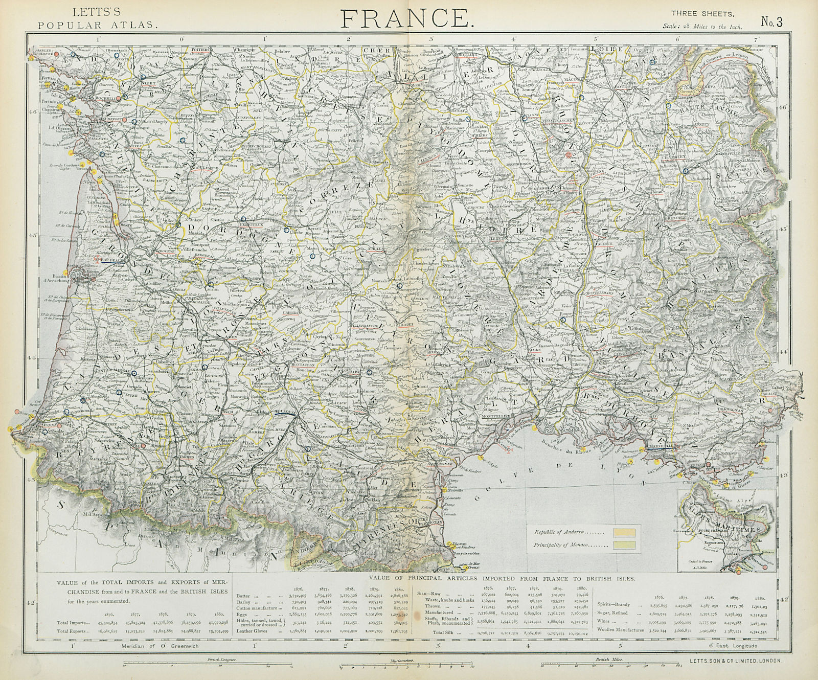 Associate Product FRANCE SOUTH. Lighthouses. UK-French trade 1876-1880. LETTS 1883 old map