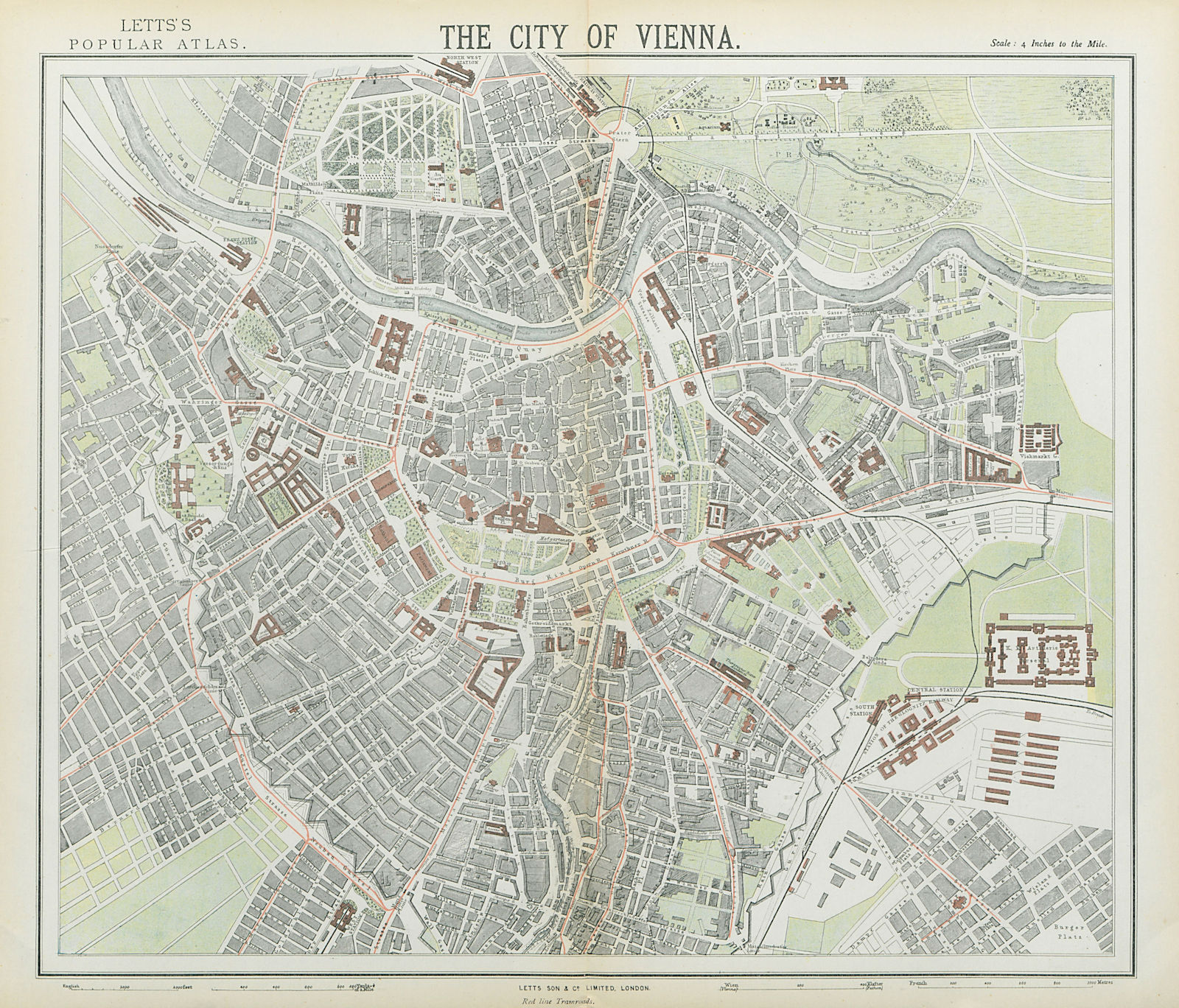 VIENNA WIEN antique town city map plan. Tramways in red. LETTS 1883 old