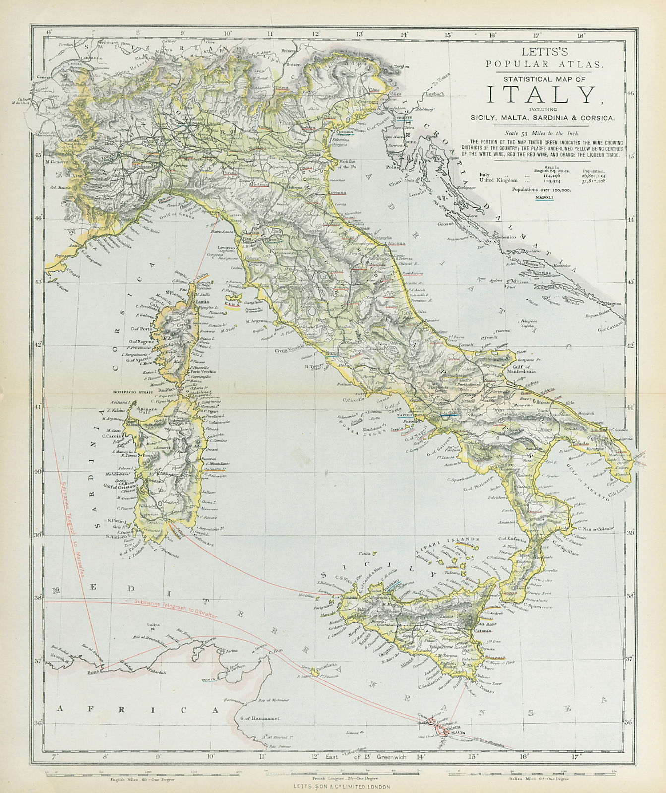 ITALY with red & white wine & liqueur growing districts in green. LETTS 1883 map