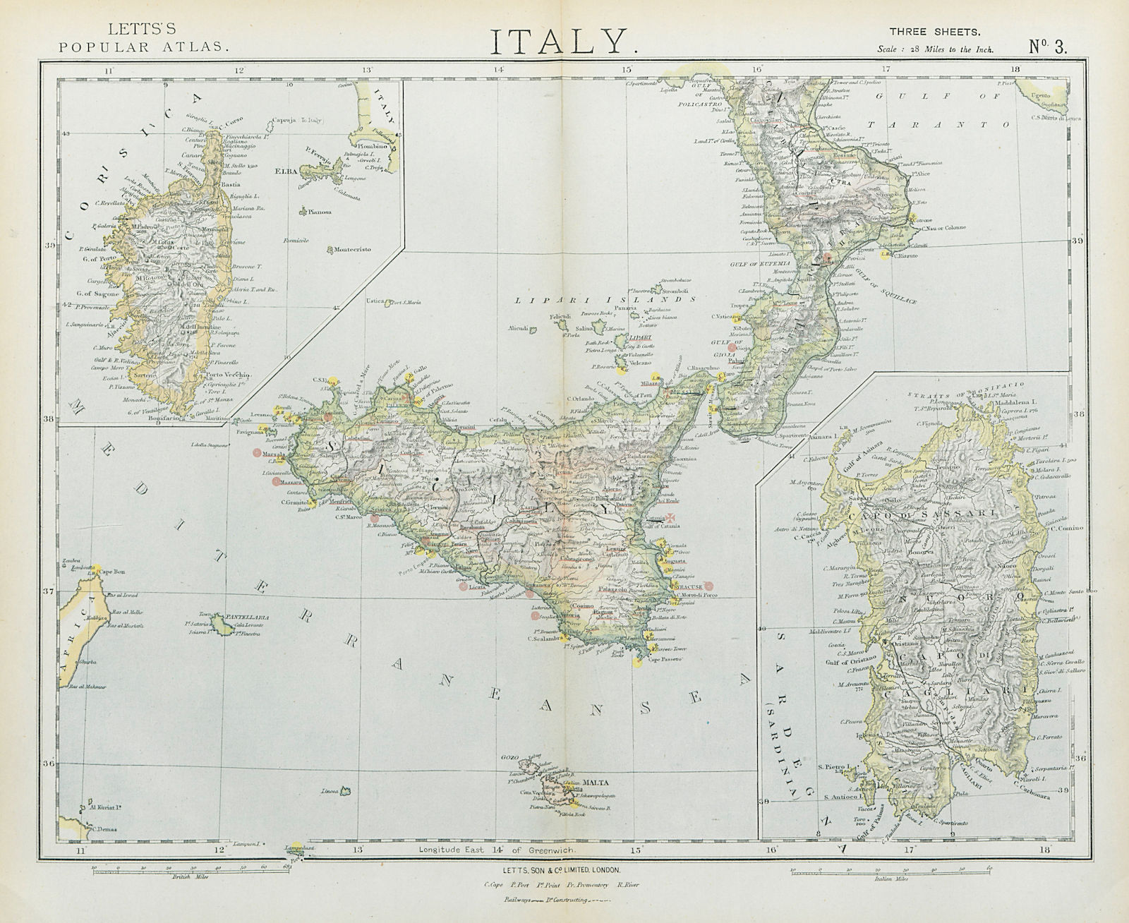 SICILY CALABRIA CORSICA SARDINIA. British Consuls. Lighthouses. LETTS 1883 map