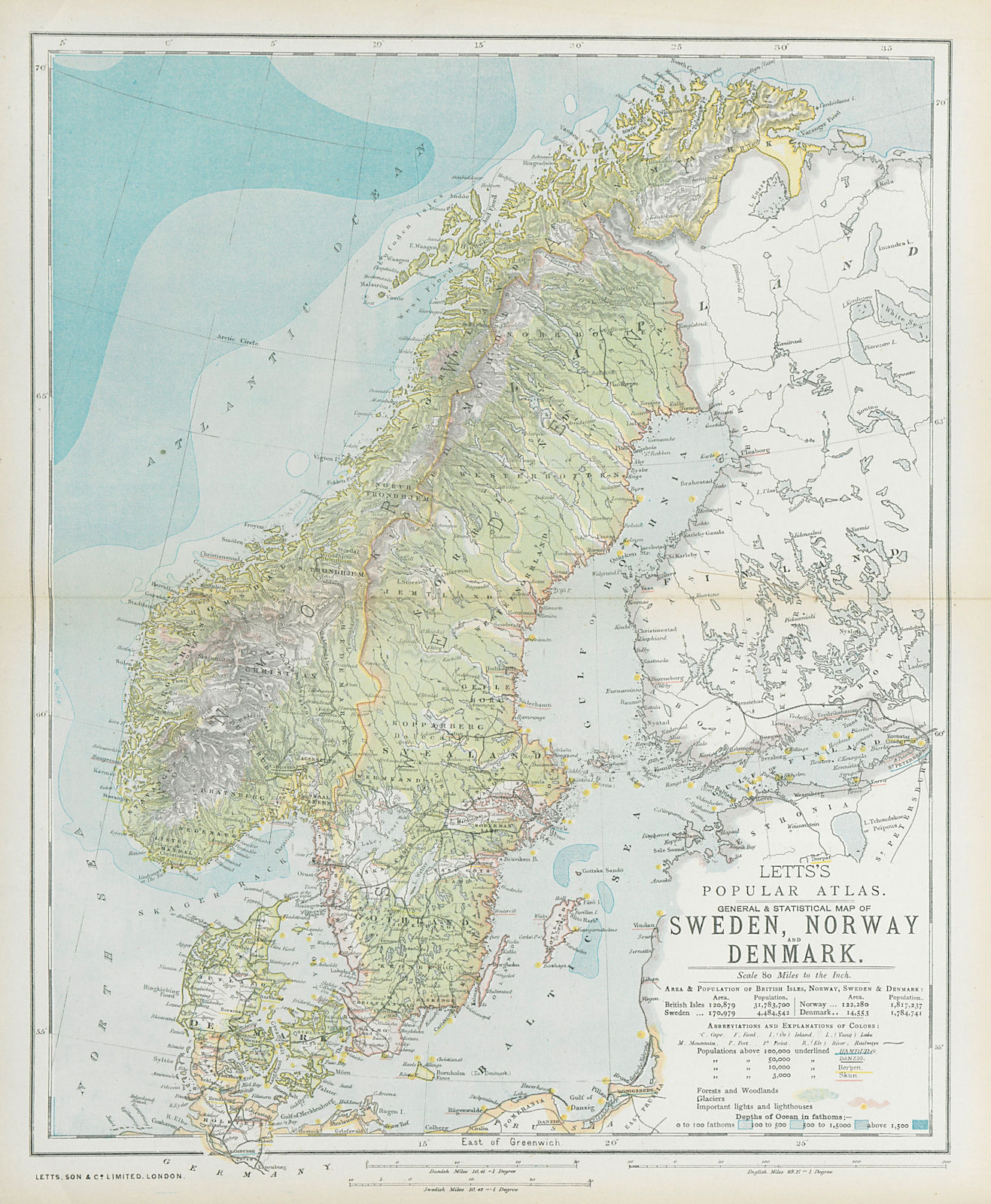 Associate Product SCANDINAVIA Sweden Norway Denmark Baltic. Lighthouses. Glaciers. LETTS 1883 map