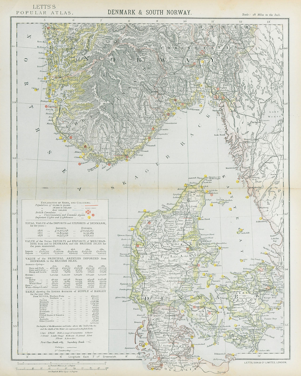 SCANDINAVIA. Denmark & Southern Norway. Lighthouses Railways. LETTS 1883 map