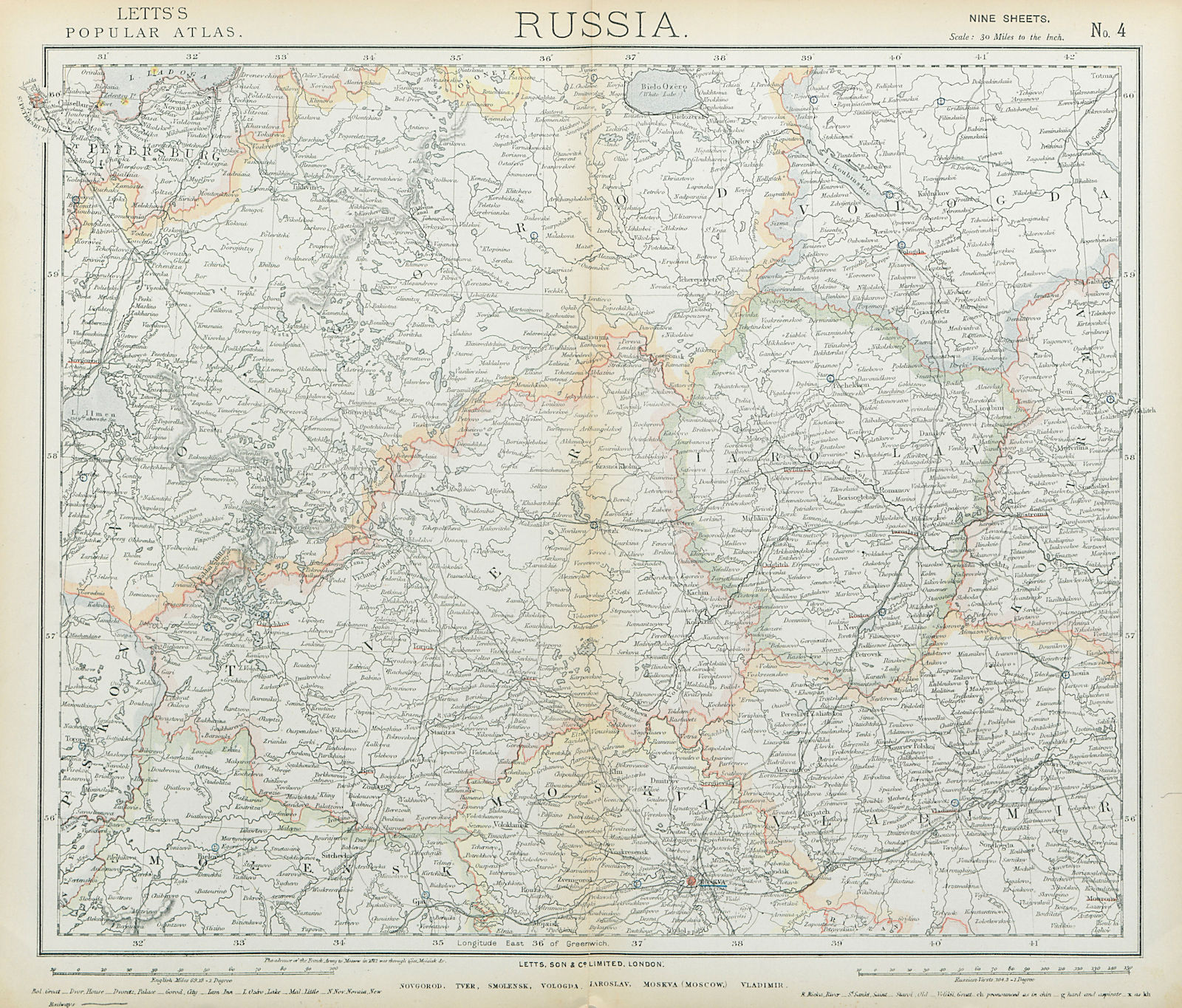 Associate Product RUSSIA Moscow-St Petersburg. Novgorod Smolensk Vologda Iarolslav LETTS 1883 map