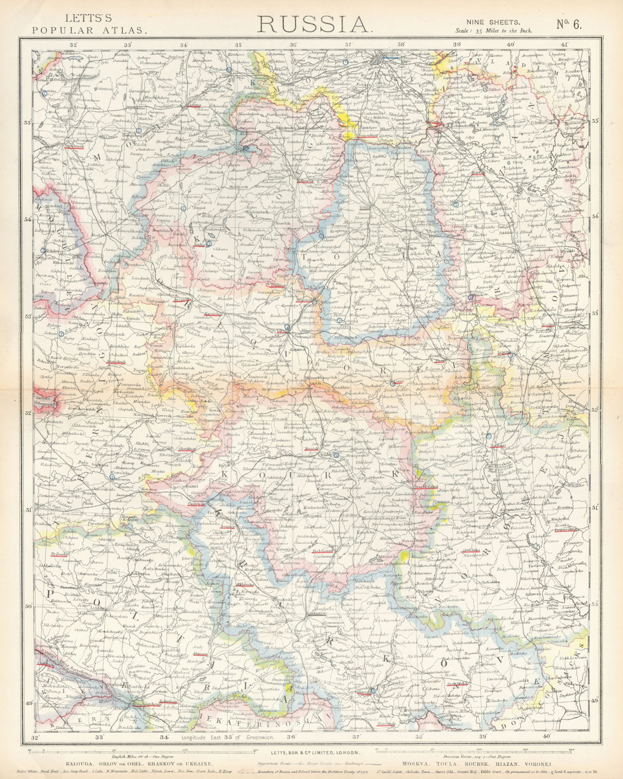 RUSSIA Kalouga Kharkov Ukraine Moscow Toula Kursk Riazan Voronej. LETTS 1883 map