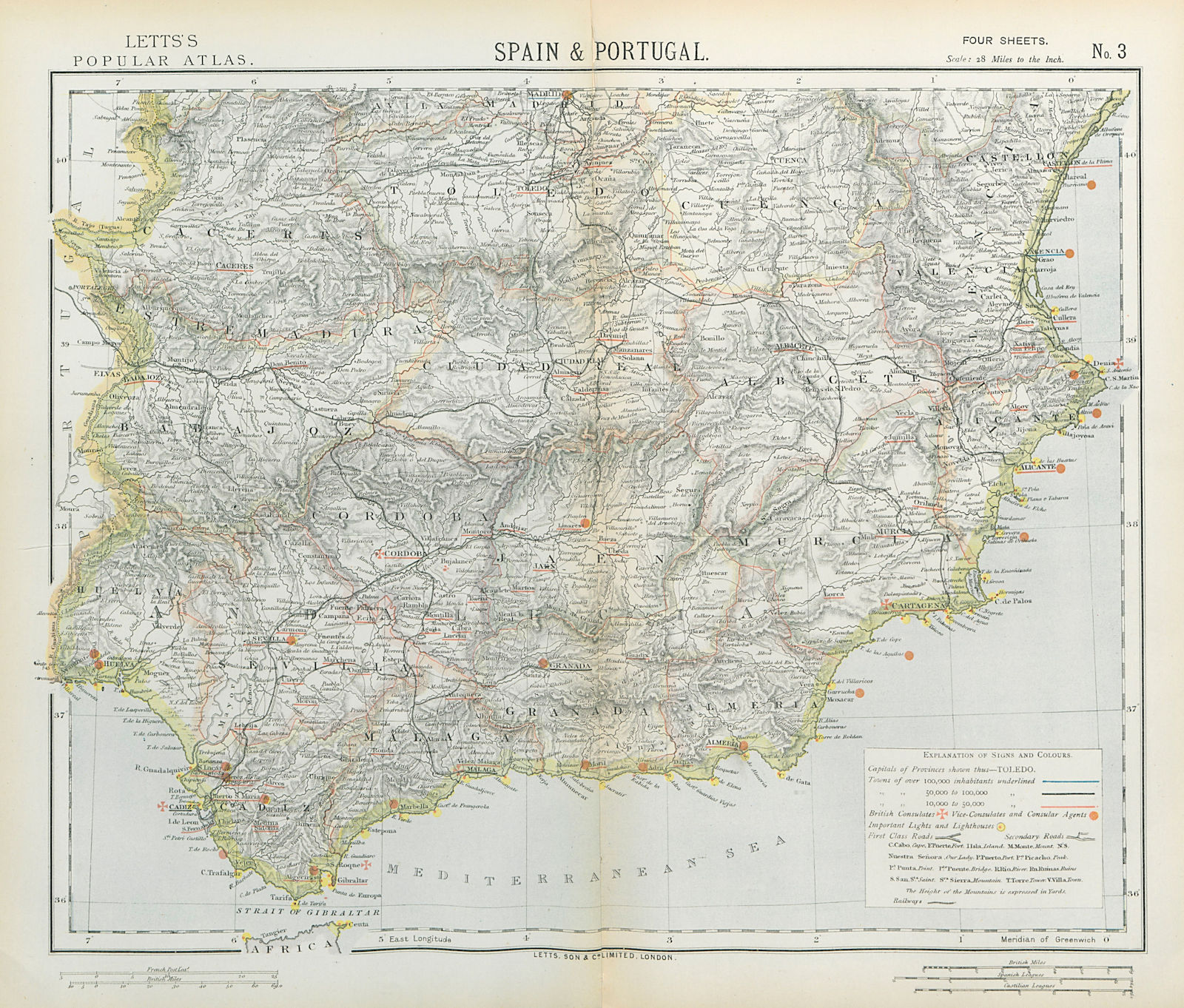 SOUTHERN SPAIN SOUTH Railways Lighthouses British Consulates. LETTS 1883 map