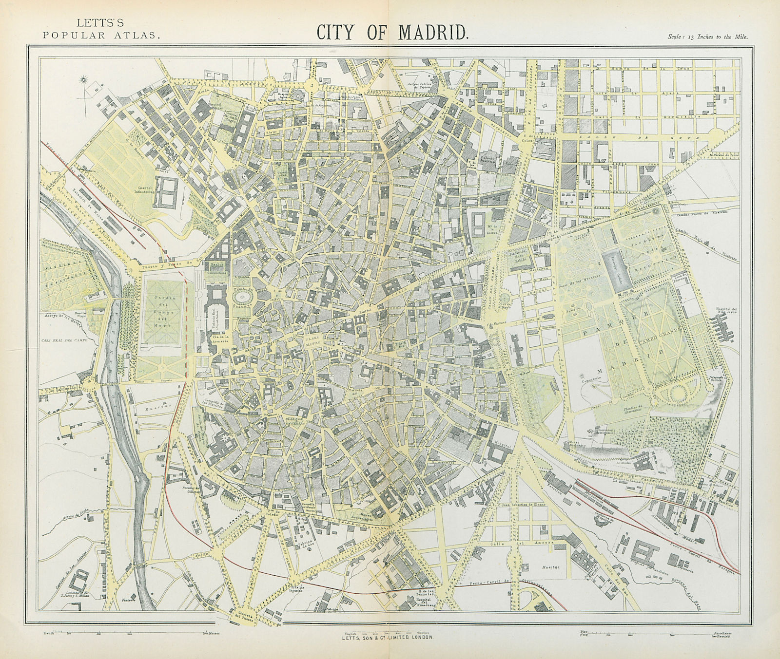 Associate Product MADRID antique town city map plan. Railways. LETTS 1883 old chart