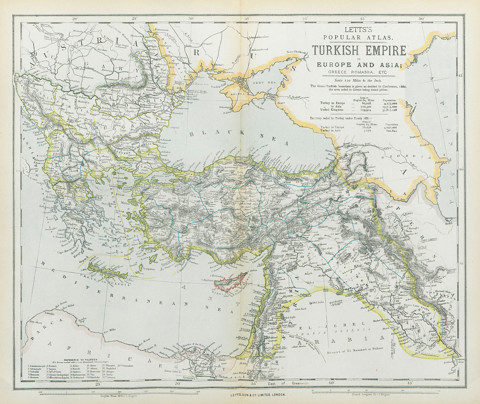 TURKISH OTTOMAN EMPIRE in Europe & Asia. Greece Balkans Turkey. LETTS 1883 map