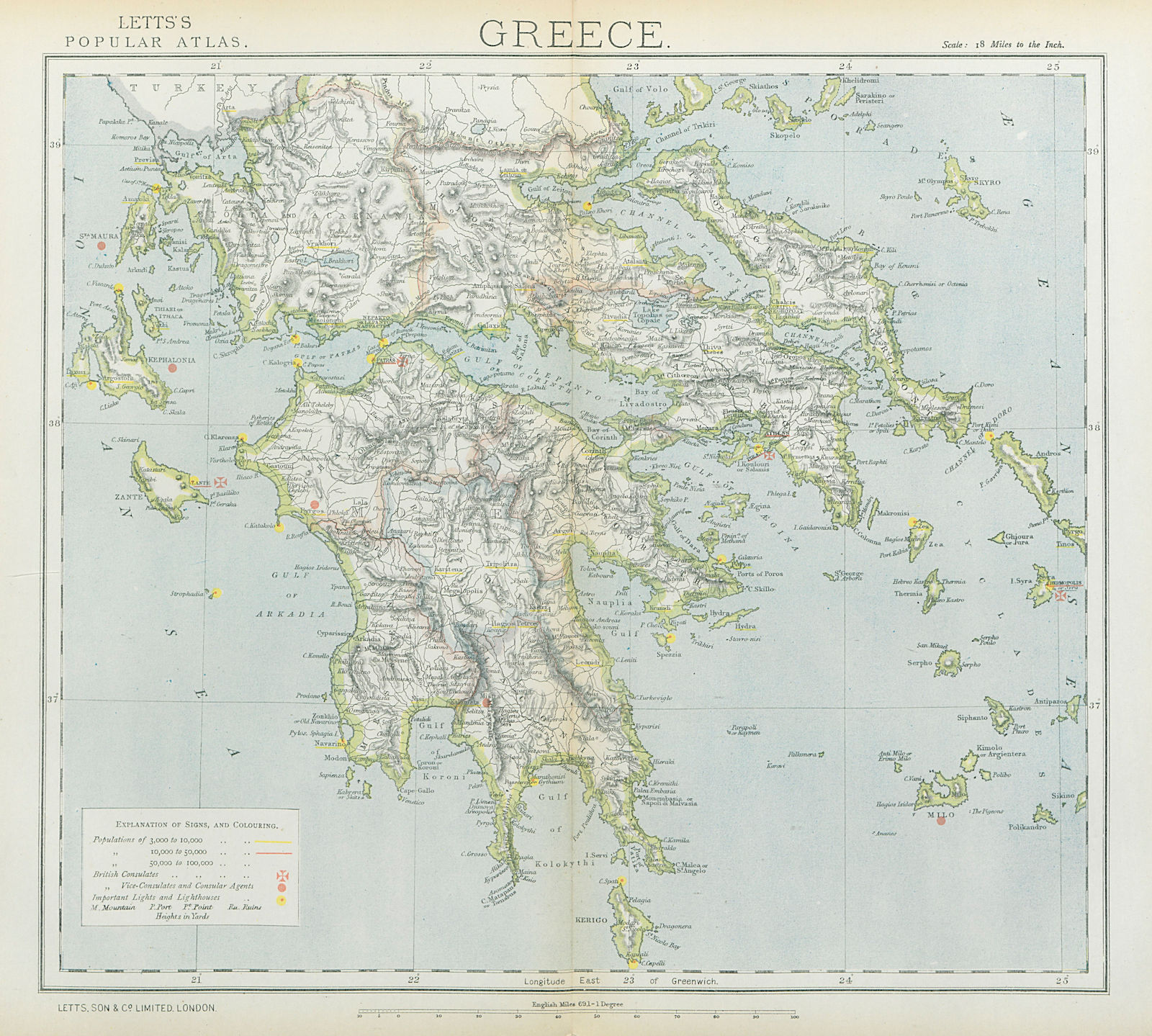 SOUTHERN GREECE. Cyclades Ionian. Lighthouses. British Consuls. LETTS 1883 map